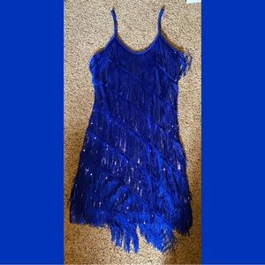 Blue flapper costume and black fishnets